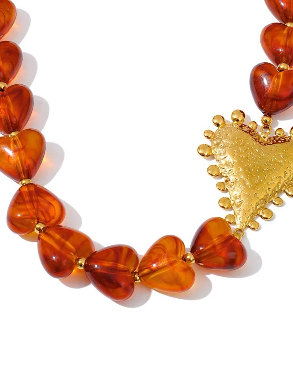 Amber Heart Bead Necklace with Gold Heart Pendant - Women Jewelry